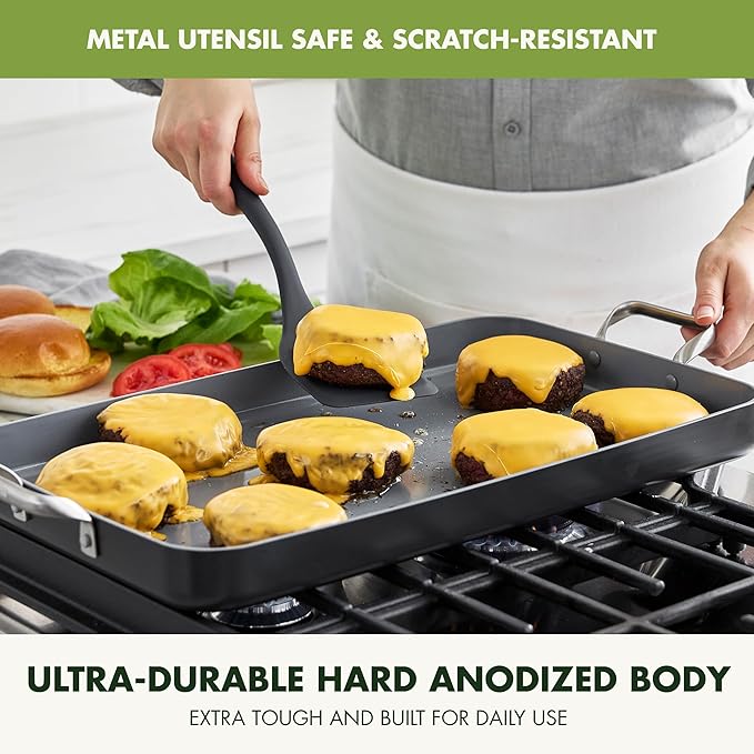 GreenPan Valencia Pro Ceramic Nonstick 18" x 11" Double Burner Griddle Pan, Hard Anodized PFAS-Free, Induction Ready Cookware, Compatible on All Cooktops, Dishwasher Safe, Oven Safe to 600F, Gray