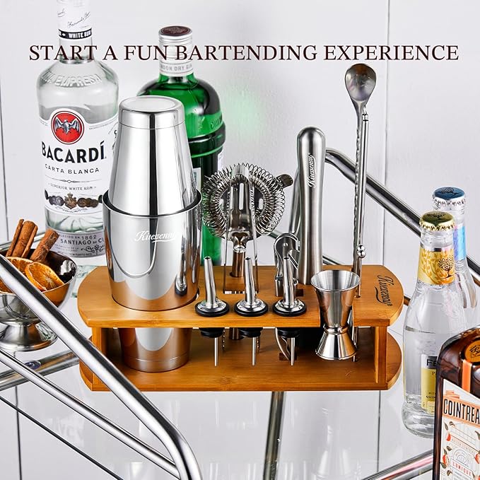 KITESSENSU Boston Shaker Set Bartender Kit with Stand | Bar Set Drink Mixer Set with All Essential Accessory Tools: Boston Shaker, Jigger, Strainer, Mixer Spoon, Muddler, Liquor Pourers |Silver