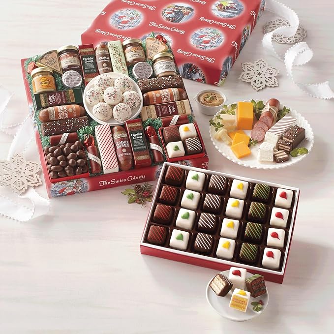 The Swiss Colony 27 Favorites and Christmas Petits Fours Gift Bundle - Assorted Cheeses, Candies, Chocolates, and Summer Sausage Meats, Chocolate Confection and Swiss Creme Gourmet Mini Layer Cakes