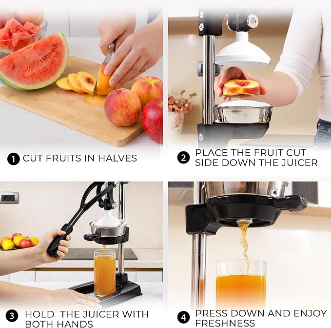Zulay Kitchen Puplerizer 9 in 1 Cast Iron Juicer - Easy-to-Clean Heavy-Duty Manual Juicer with Presser Attachment to Juice All Types of Fruits! Extra Tall with Stainless Steel Bowl - Black