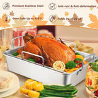 LIANYU 16 Inch Roasting Pan, Large Turkey Roaster with V-Shaped Rack and Baking Rack, Heavy Duty Stainless Steel Deep Broiling Lasagna Pan with Handle for Chicken, Dishwasher Safe