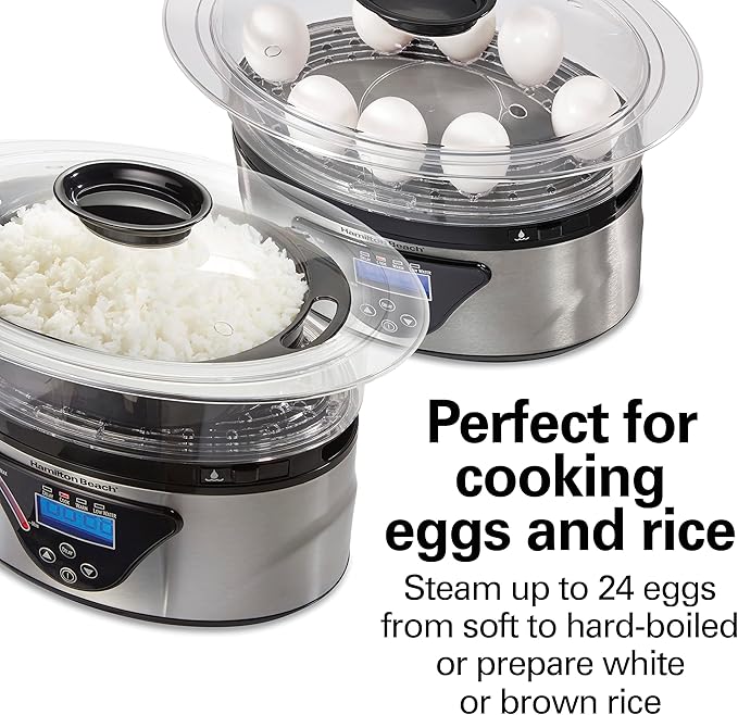 Hamilton Beach Digital Electric Food Steamer & Rice Cooker for Quick, Healthy Cooking with Stackable Three-Tier Bowls for Vegetables and Seafood, 8.25 Quart, Black & Stainless Steel