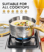 Michelangelo Triply Stainless Steel Saucepan Set, Luxury Hammered Stainless Steel Sauce Pans with Golden Handle, Premium Sauce Pot Set, Induction Compatible
