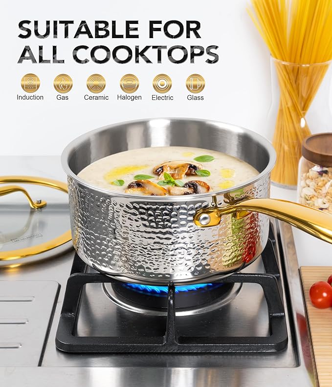 Michelangelo Triply Stainless Steel Saucepan Set, Luxury Hammered Stainless Steel Sauce Pans with Golden Handle, Premium Sauce Pot Set, Induction Compatible