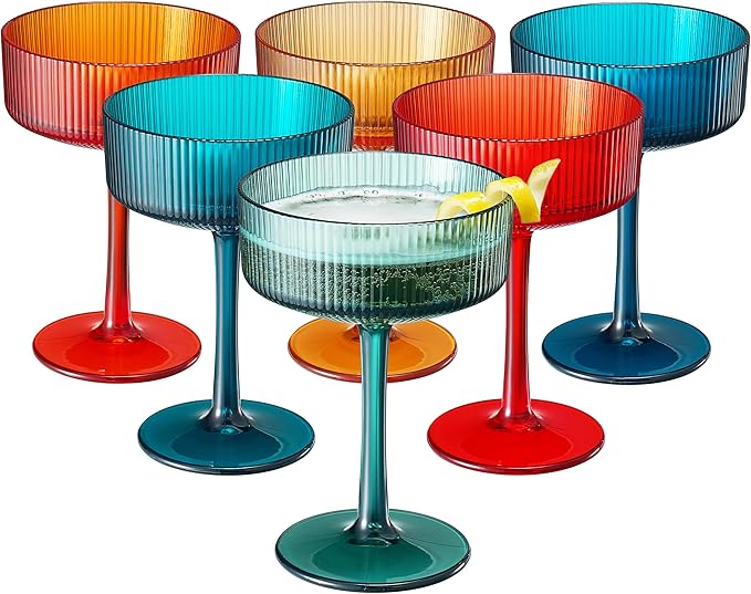 Khen Plastic Acrylic Ribbed Vintage Art Deco Martini, Champagne & Cocktail Retro Color Shatterproof Coupe Glasses | Set of 6 | 8 oz Ripple Glassware Classic Cocktail Indoor & Outdoor, European Style