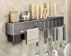 SEIDO Carbon Steel Utensil Rack – Space-Saving 20" L Kitchen Organizer with hooks & hanging bar, Gunmetal Gray Knife Holder, 2 Installation Options (Adhesive/Screwed)