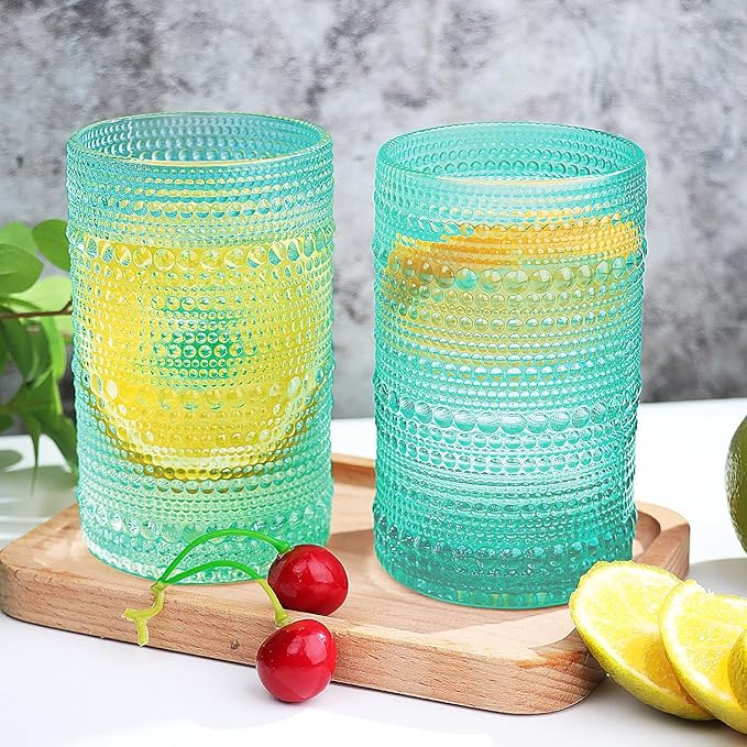 Hobnail-Drinking Glasses 13oz Vintage Glassware Sets Cocktail Juice Glasses Set of 6, Aqua