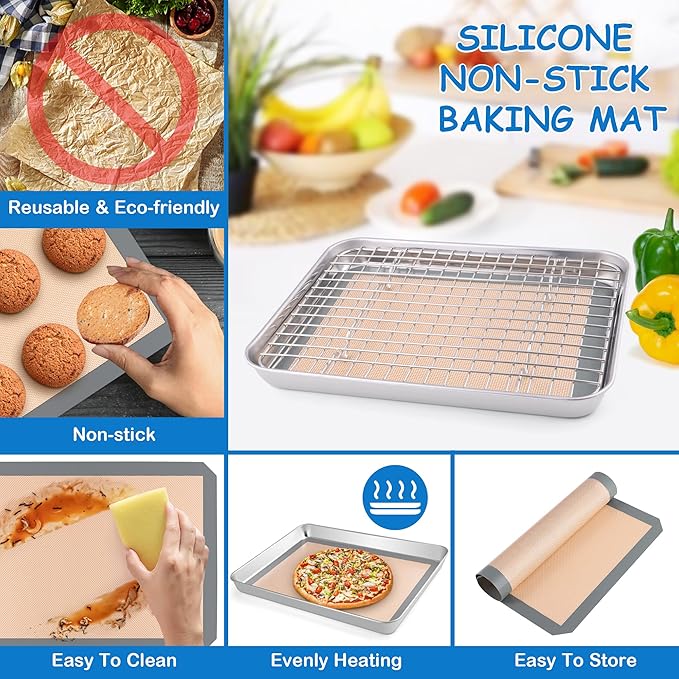 P&P CHEF 9 x 7 x 1 Inch Toaster Oven Pan with Grid Rack and Silicone Mat, Stainless Steel Toaster Oven Tray Baking Pan with Cooling Roasting Rack, Dishwasher Safe (3Pcs)