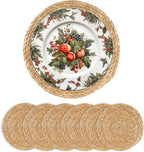 Round Woven Placemats 13.5 inch Set of 6 - Boho Rattan Placemat Natural Water Hyacinth Placemats, Farmhouse Weave Place Mats, Rustic Braided Wicker Table Mats for Dining Table,Home,Wedding