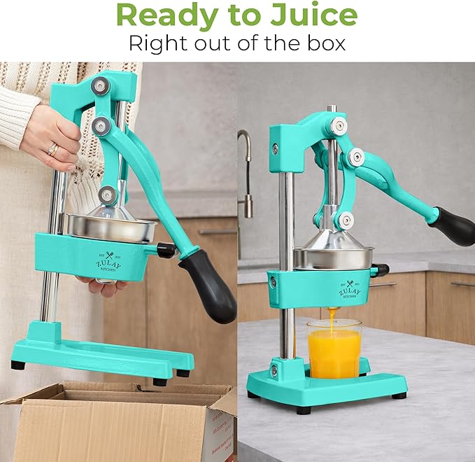 Zulay Kitchen Cast Iron Juicer - Easy-to-Clean Heavy-Duty Manual Juicer, Professional Citrus Juicer - Stainless Steel Lemon Squeezer - Manual Citrus Press & Orange Squeezer - Orange Juicer – Teal