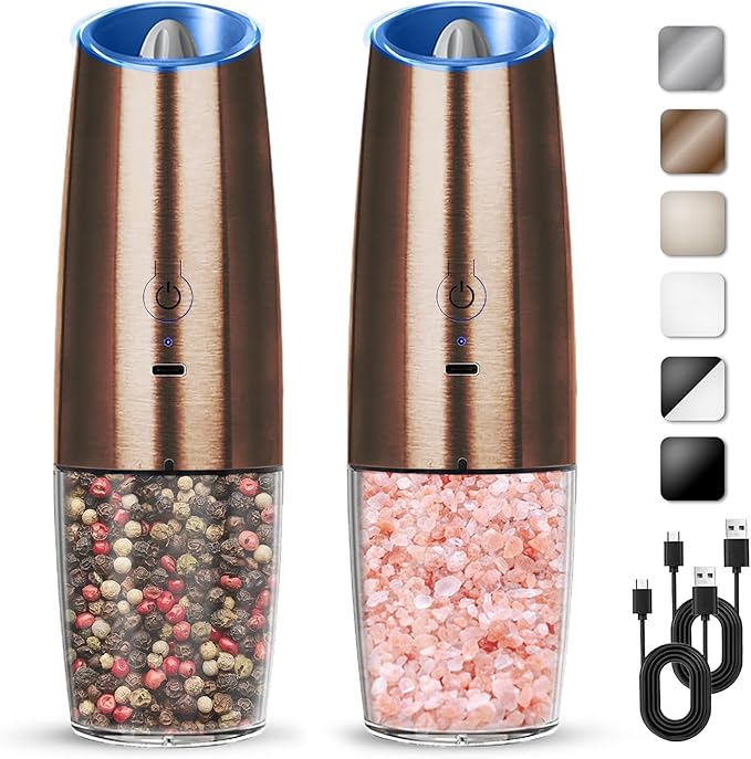 Rechargeable Electric Salt And Pepper Grinder Set, Automatic Gravity Electric Salt And Pepper Grinder Set, Adjustable Roughness, Led Light, 2 Pack, (Copper)