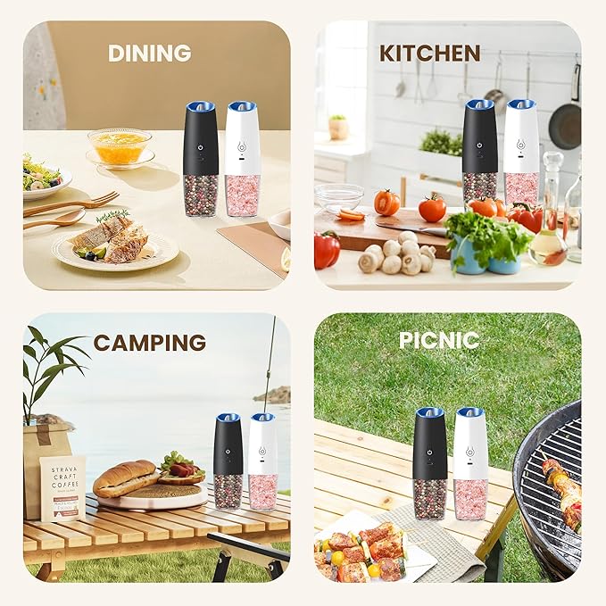Rechargeable Electric Salt And Pepper Grinder Set, Automatic Gravity Electric Salt And Pepper Grinder Set, Adjustable Roughness, Led Light, 2 Pack, (Black+White)