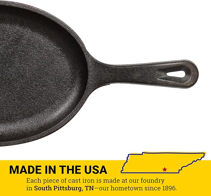 Lodge 10 x 7.5 Inch Cast Iron Oval Serving Griddle - Cast Iron Fajita Pan with Signature Teardrop Handle - Fajita Skillet for Use in the Oven, on the Stove, or on the Grill or Over a Campfire - Black