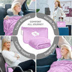 Travel Blanket and Pillow Compact, Premium Soft 2 in 1 Airplane Blanket with Soft Bag Pillowcase，Hand Luggage Sleeve and Backpack Clip (Solid Purple)