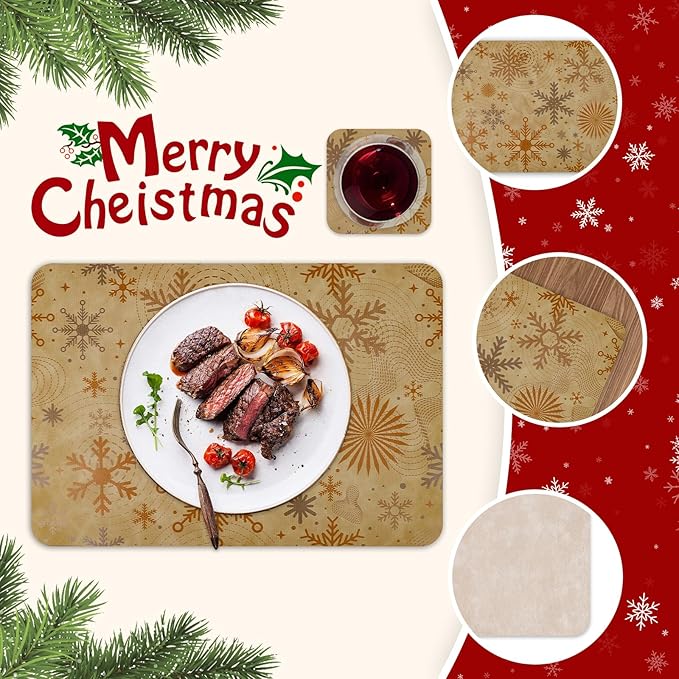 Le courant 16.9in 6PACK Winter Decoration Snowflake Placemats with 6 Coasters, Reversible Faux Leather Easy Clean Waterproof Stain Resistant Place Mats, for Home Party Dining Holiday Table Decor
