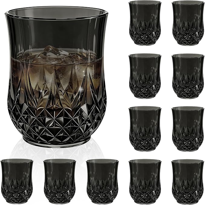 12 Pack Plastic Stemless Wine Glasses,12oz Unbreakable Vintage Elegant Drinking Glass Set,Reusable Fancy Cocktail Cups for Party, Wedding, and Bulk Events (12, 12oz-Black)