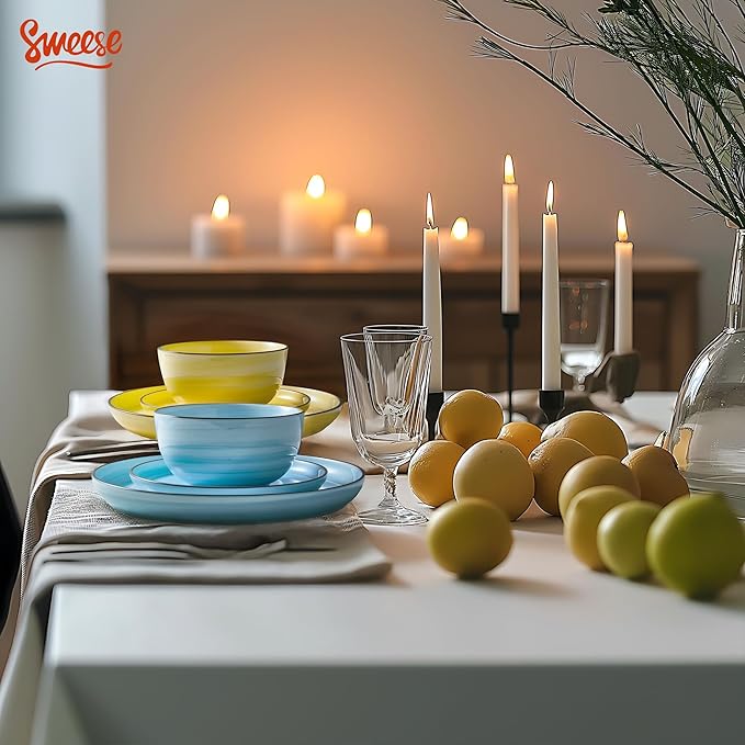 Sweese Plates and Bowls Sets, 18 Piece Dinnerware Set Porcelain Round Dinner Set for 6, Scratch Resistant Dishes Set, Dishwasher Oven Microwave Safe Handpainted Swirl Dishware Sets, Assorted Colors