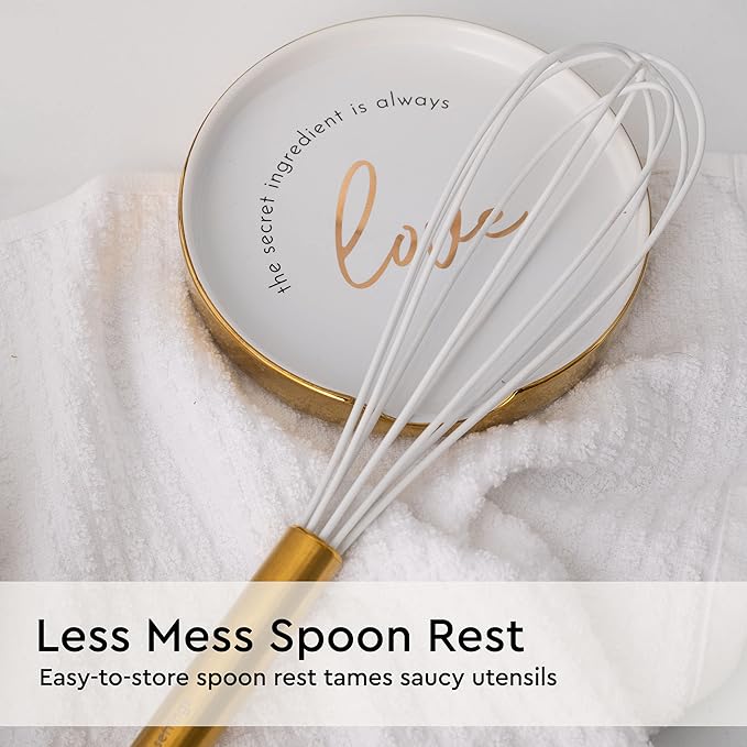 White Utensil Holder with Built-In Ceramic Spoon Rest - 2-Piece Luxe White and Gold Spatula Holder with Gold Spoon Rest for Countertop Organization - Stylish Kitchen Accessory, Utensils Not Included