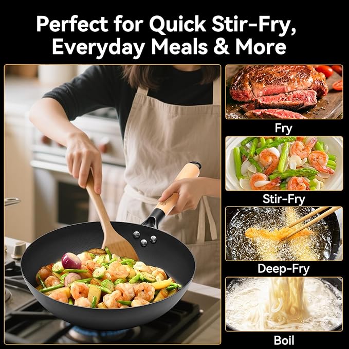 WANGYUANJI 12.6 Inch Flat Bottom Iron Wok with Glass Lid and Wooden Handle, Non-Coated, Naturally Nonstick Stir Fry Pan for Gas, Electric & Induction Stovetops