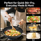 WANGYUANJI 12.6 Inch Flat Bottom Iron Wok with Glass Lid and Wooden Handle, Non-Coated, Naturally Nonstick Stir Fry Pan for Gas, Electric & Induction Stovetops