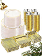 BESTVIP 600PCS Clear Gold Dinnerware Set for 100 Guests, Plastic Plates for Party, Christmas and New Year, 100 Disposable Plates, 100 Dessert Plates, 100 Cups, 100 Spoons, 100 Forks and 100 Knives