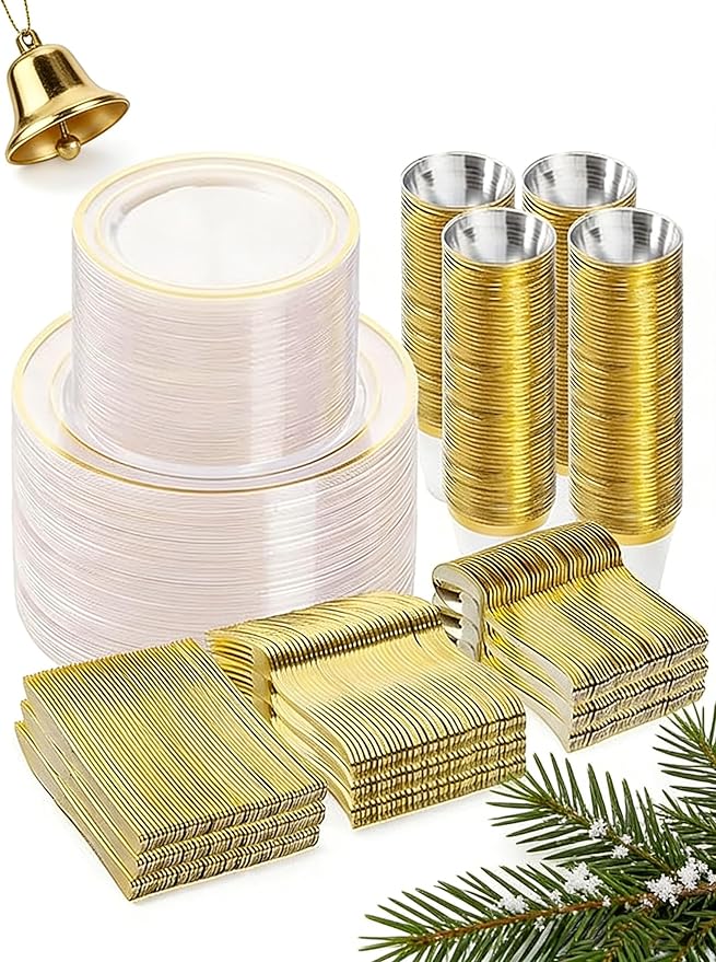 BESTVIP 600PCS Clear Gold Dinnerware Set for 100 Guests, Plastic Plates for Party, Christmas and New Year, 100 Disposable Plates, 100 Dessert Plates, 100 Cups, 100 Spoons, 100 Forks and 100 Knives