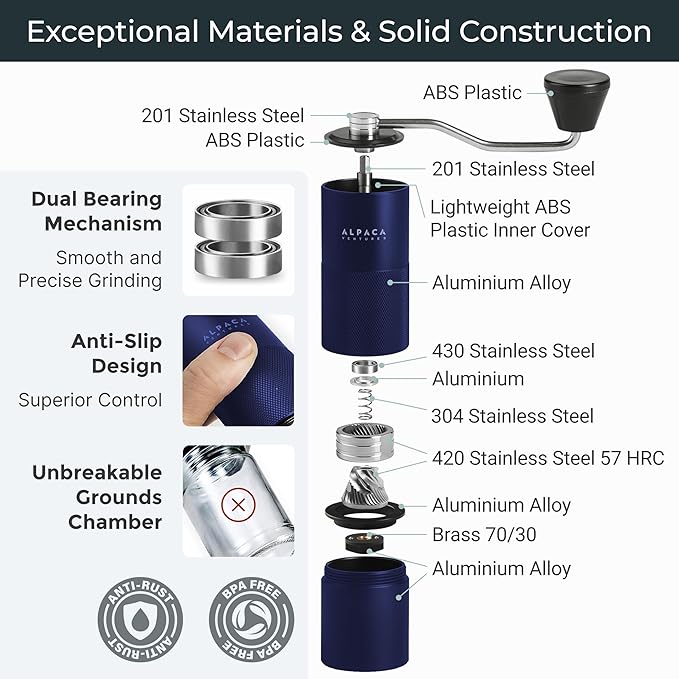 Premium Manual Coffee Grinder for Espresso, Pour Over & French Press with Stainless Steel Conical Burr, Precision Adjustable Hand Grinder, Compact Travel Size - by Alpaca Ventures