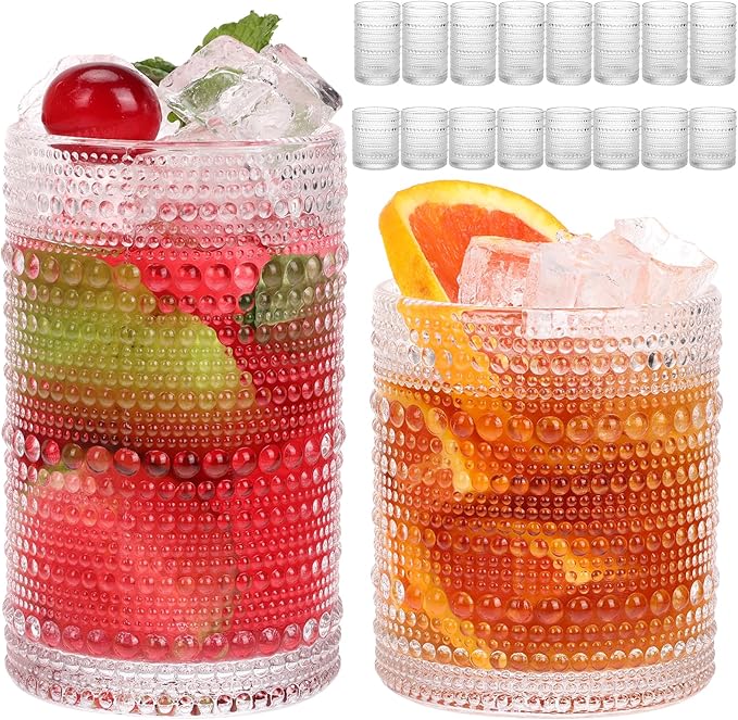 Moretoes Hobnail Drinking Glasses Set of 16, 12 Oz Highball Glasses & 10 Oz Cocktail Glasses, Clear Embossed Boho Glass Cups Kitchen Bar Tumbler Glassware Set for Whiskey, Beer, Juice, Milk (Clear)