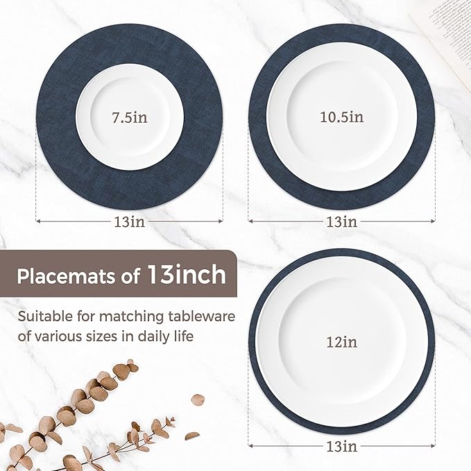 13" Round Placemats Set of 4, Reversible Faux Leather Heat Resistant Table Mats, 100% Waterproof Oilproof Wipeable Table Protective Placemats for Vinyl, Washable for Indoor (4, Navy Blue)