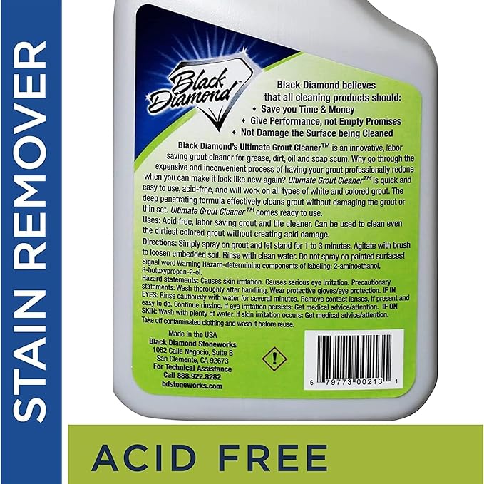 Black Diamond Ultimate Grout Cleaner: Best Cleaner for Tile,Ceramic,Porcelain, Marble Acid-Free Safe Deep Cleaner & Stain Remover for Even The Dirtiest Grout. (1-Quart/1-Brush)