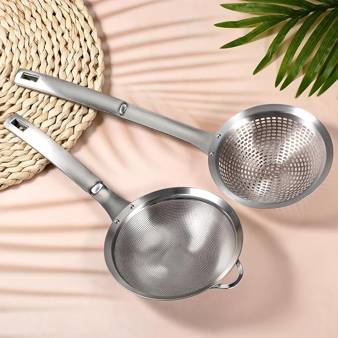 2 Pcs Large Holes Slotted Colander Frying Spoon Set With Handle, Fine Mesh Stainless Steel Sieve Food Strainer, Spider Strainer Skimmer, Handheld For Kitchen Cooking Tool