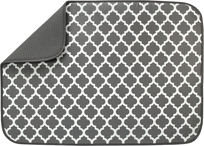 S&T INC. Dish Drying Mat XL, 18” x 24”, Absorbent Microfiber Kitchen Counter Mat, Dish Drying Pad for Dishes, Utensils, Pots and Pans, Extra Large, Pewter Grey Trellis