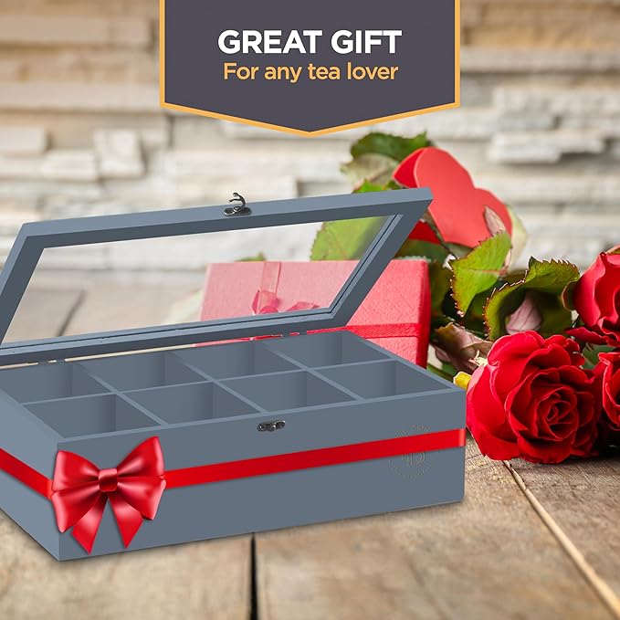 Tea Bag Organizer - Grey Bamboo Tea Box Organizer Storage Box, Tea Bag Holder with Acrylic Window, Magnetic Lid Keeps Tea Bags Fresh - Tea Organizer Caddy (Tea Not Included) Christmas Gift - Gray