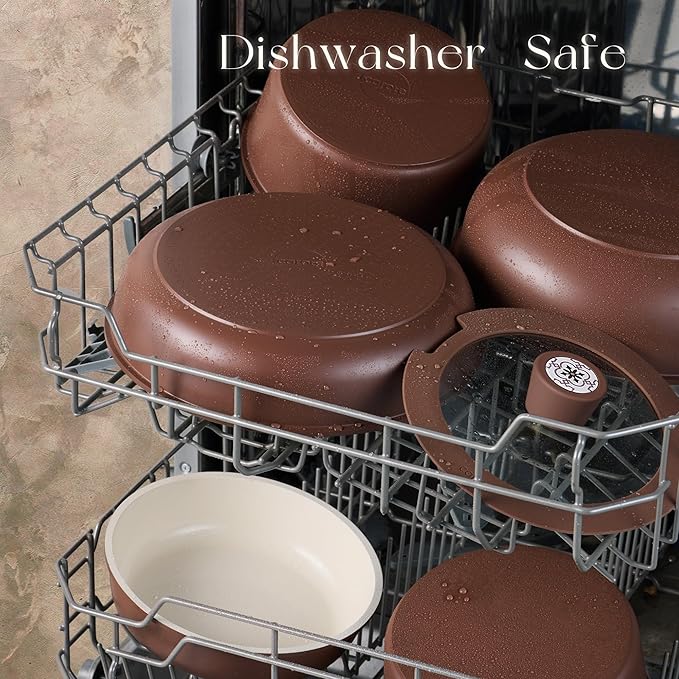 CAROTE 19Pcs Ceramic Cookware Set, Pots and Pans Set Non stick, Non Toxic Cookware Detachable Handle, Kitchen Cooking Set - Induction Cookware, Dishwasher/Oven Safe, PFAS Free, Chocolate