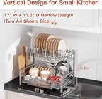 2 Tier Dish Drainer Drying Rack for Kitchen Counter Large Stainless Steel Dishes Drain with Drainboard Set, Space Saving, Big Modern Black Countertop Metal Plate Dryer Strainer Holder and Extra Tray