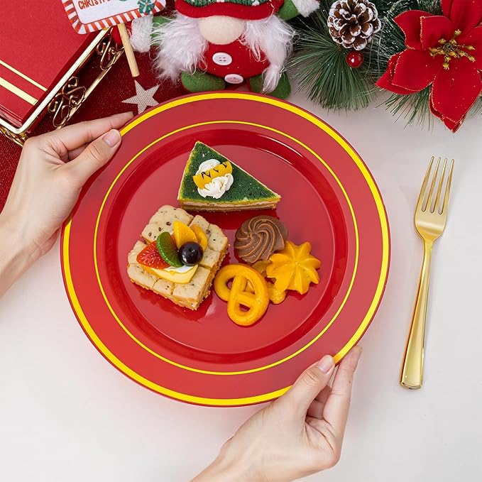 NOCCUR 200PCS Red Plastic Plates for 100 Guests - Include 100PCS 10" Dinner/ 100PCS 7" Dessert Plastic Plates Heavy Duty - Ideal for Wedding/Party/Christmas