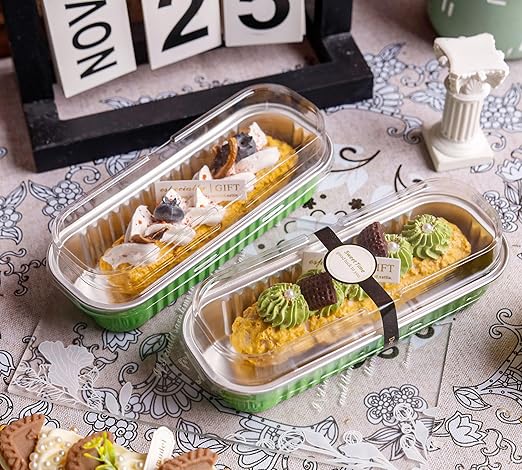 NPLUX 50 PACK Mini Cake Pans with Lids and Spoons, Rectangular Aluminum Foil Bread Pan, Mini Loaf Pans and Food Containers with Lids(Grass Green, 6.8oz)