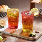 Loivttvv 6pcs Vintage Drinking Glasses Set, 12 oz Glass Cups, Embossed Ribbed Christmas Glassware Water Tumblers for Cocktail, Water, Juice, Milk, Whiskey