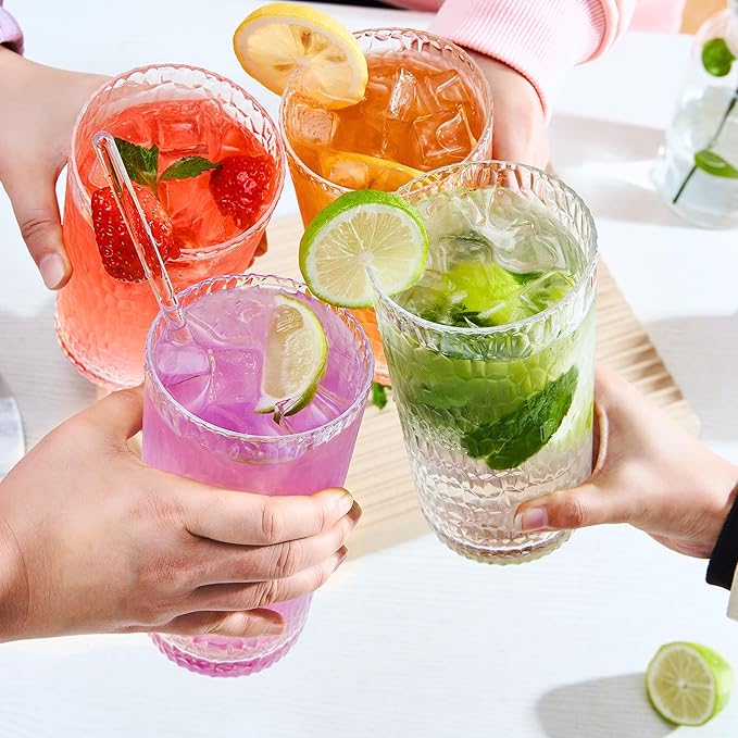 15oz and 22oz Clear Acrylic Glasses Drinkware (Set of 8), Honeycomb Stackable Shatter-Proof Plastic Tumblers, Reusable Plastic Drinking Glasses, BPA-Free, Dishwasher-Safe