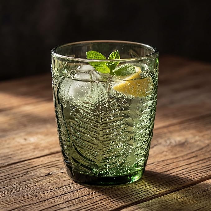 Vintage Green Drinking Glasses Set of 4, 10 oz Handcrafted Deep Textured Glass Cups, Fern Embossed Retro Glassware, Decorative Cocktail Tumblers for Home & Bar, Artisan Made Colored Drinkware Gift Set