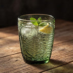 Vintage Green Drinking Glass, 10 oz Hand-Pressed Deep Textured Glass Cup, Fern Embossed Retro Glassware, Decorative Tumbler for Water, Cocktails & Juice, Boho Colored Kitchen Drinkware, Unique Gift