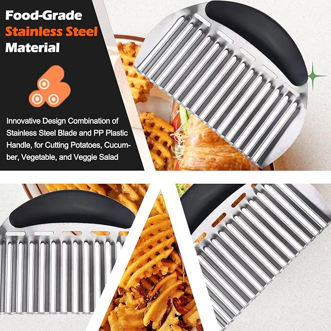 JAYVAR Large Crinkle Cutter French Fry Cutter, Large Crinkle Potato Slicer Wavy Chopper, Stainless Steel Wavy Slicer Crinkle Cutting Chopping Tools with Handle for Carrot Vegetable