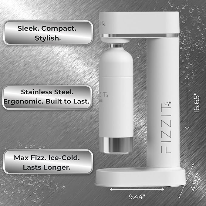 Fizzit Stainless Steel Sparkling Water Maker Bundle | Includes Soda Maker, CO2 Cylinder, & 12-Flavor Variety Pack | Customizable Carbonated Water Machine, Reusable bottle & Eco-Friendly