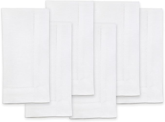 Solino Home White Linen Napkins Set of 6-100% Pure Linen Hemstitch Dinner Napkins 20 x 20 Inch for Winter, Valentines, Holiday, New Year - Classic Hemstitch