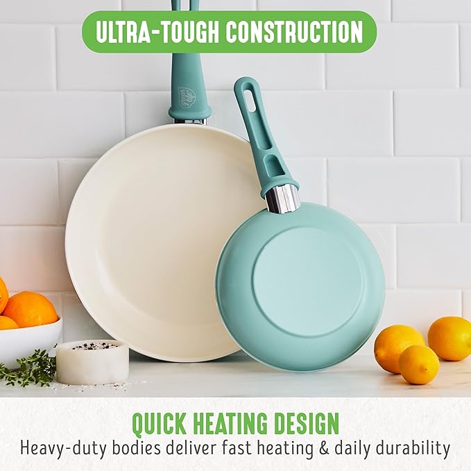 GreenLife Non Stick Fry Pan Set 7" & 10", Non-Toxic PFAS-Free Ceramic Skillet, Dishwasher & Oven Safe, Egg Omelet Frying Pan, Stay- Cool Handles, Kitchen Home Cooking Essentials, Turquoise (Pack of 2)