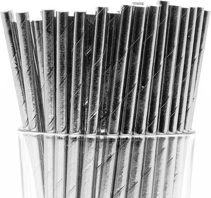 Pack of 900 Silver Foil Biodegradable 4-Ply Paper Drinking Straws (Compostable, Non-toxic, BPA-free)