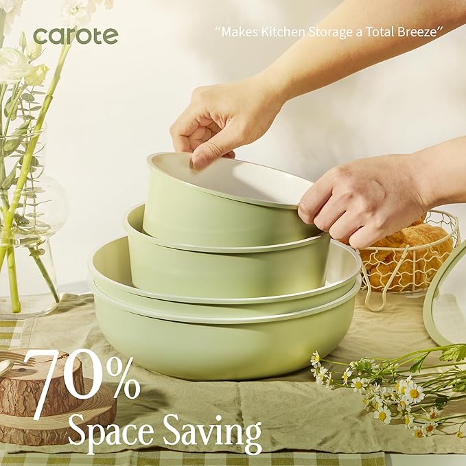 CAROTE 25-Piece Ceramic Cookware Set, Nonstick Pots and Pans Set with Detachable Handle, Non-Toxic Kitchen Cooking Set, Dishwasher & Oven Safe, Induction Compatible, PFAS Free, Green