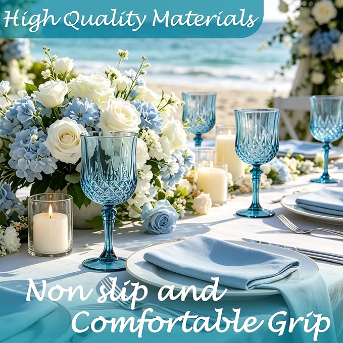 Plastic Wine Glasses, Plastic Goblets Vintage Style Cordial Unbreakable Drinking Glasses, Reusable Drinkware for Wedding Reception, Grand Event Party Supplies (12, Dusty Blue)