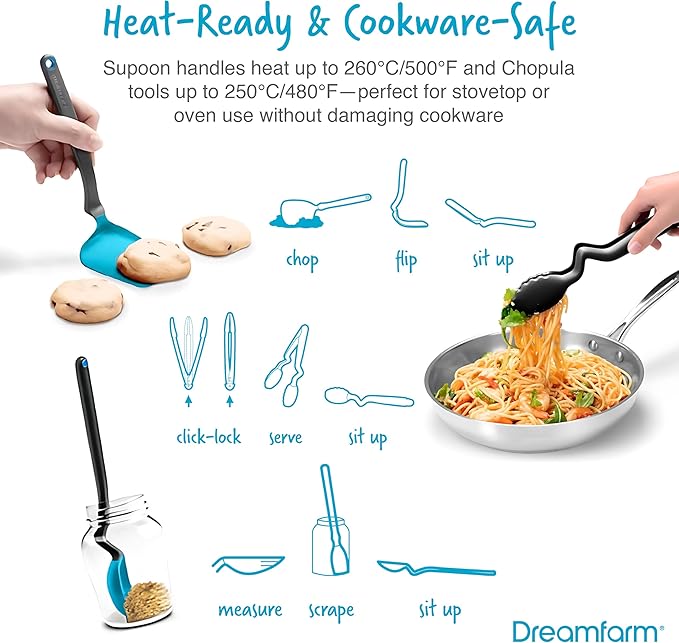 Dreamfarm Cooking Utensil Set (Dreamfarm Blue) – Tongs with Lock, Measuring Scraper Spoon, Jar Scraper, Multipurpose Spatula, Mini Turner – Non‑Stick Safe Nylon & Silicone Tools for Cooking & Baking