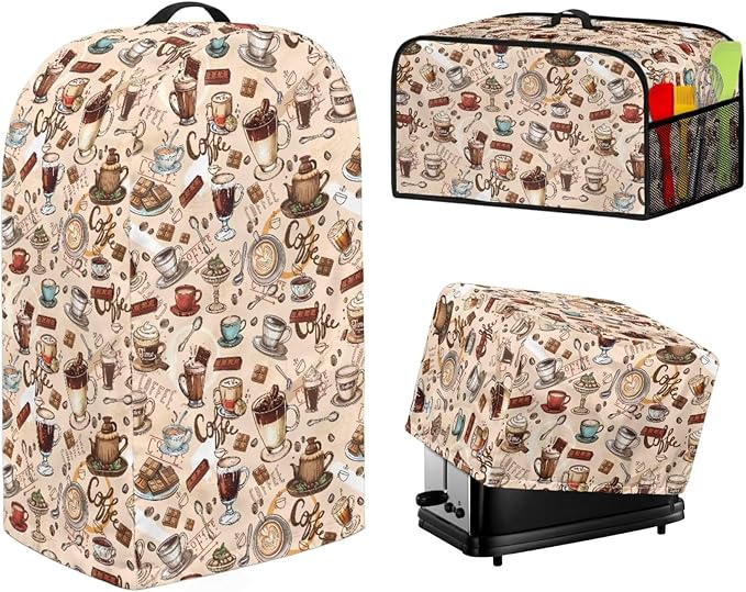 Coffee Tea Patterns Small Kitchen Appliance Protection Bread Toaster， Blender, Slow Cooker Cover， Dust Fingerprint Protection Kitchen Accessories Set 3PCS